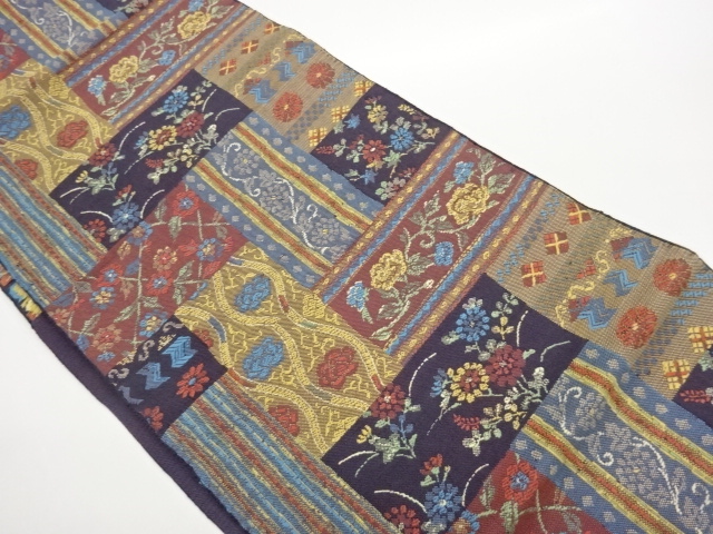 手織り真綿紬短冊に立涌・花唐草模様織出し名古屋帯